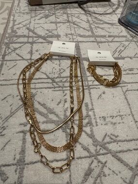 New J. Crew Gold Tone Multi Layered Chain Necklace and Bracelet Set